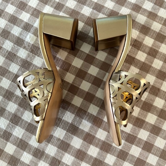 NWOTIB Salvatore Ferragamo Gancini Gold Cutout Mule Heeled Sandals - Picture 12 of 16